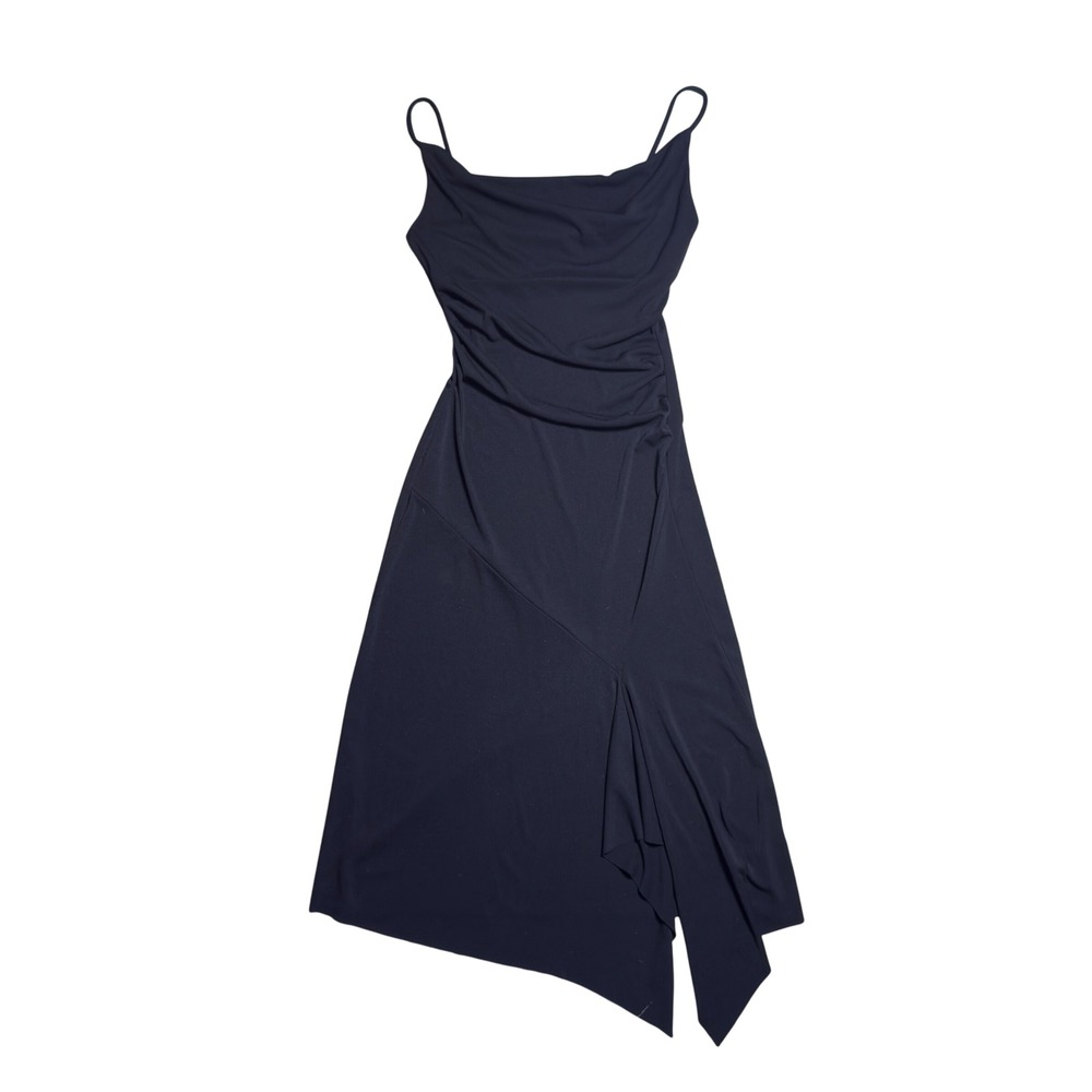 Ruby Black Cowl Neck Ruched Asymmetric Handkerchief Hem Midi Dress